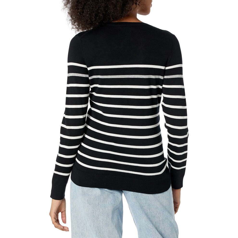 Amazon Essentials Women's Long-Sleeve Lightweight Crewneck Sweater Available in Plus Size  Black Grey White Stripe  Small thumbnail