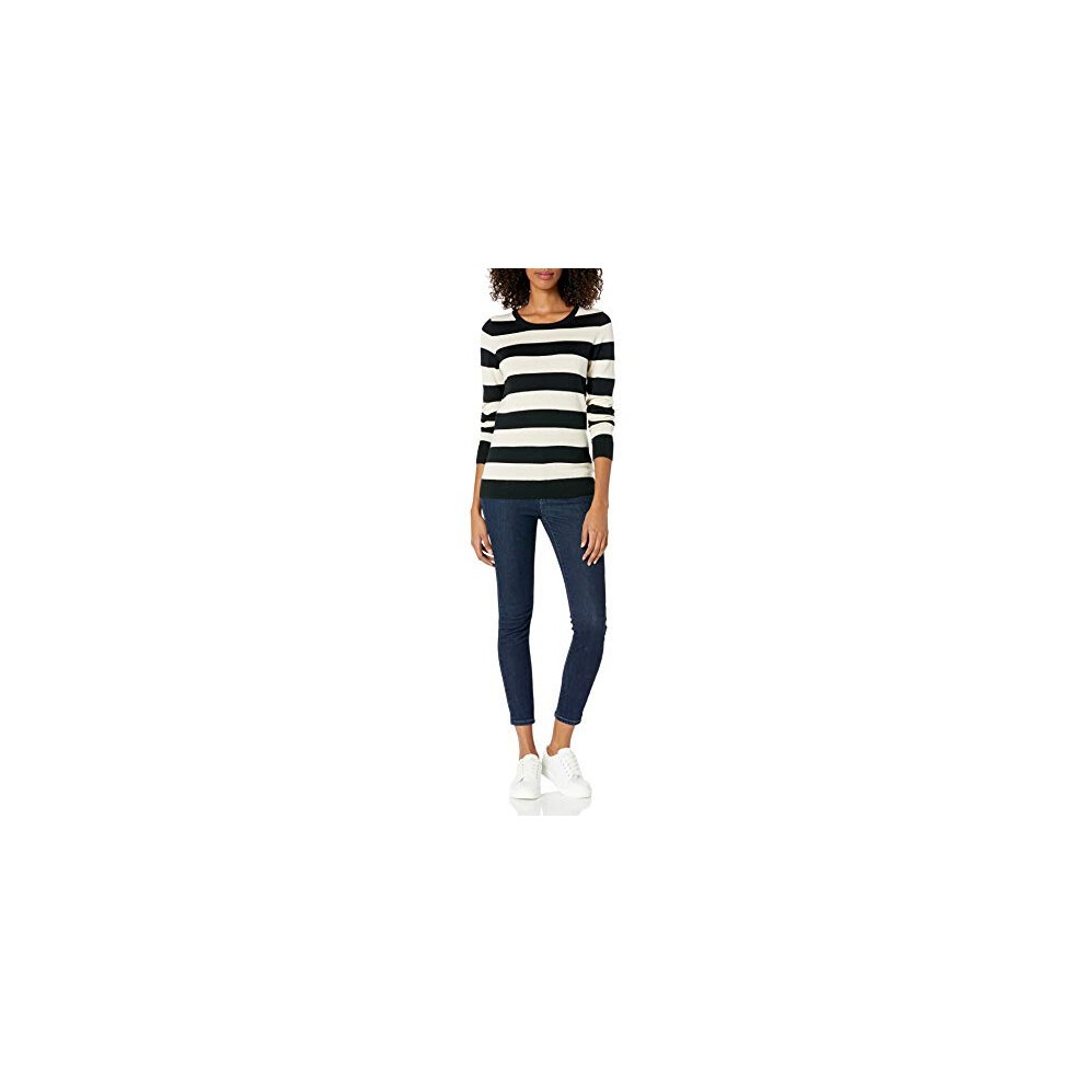 Amazon Essentials Women's Long-Sleeve Lightweight Crewneck Sweater Available in Plus Size  Black Oatmeal Heather Rugby Stripe  Medium thumbnail