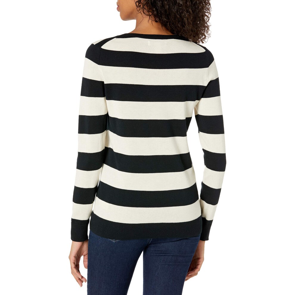 Amazon Essentials Women's Long-Sleeve Lightweight Crewneck Sweater Available in Plus Size  Black Oatmeal Heather Rugby Stripe  Medium thumbnail