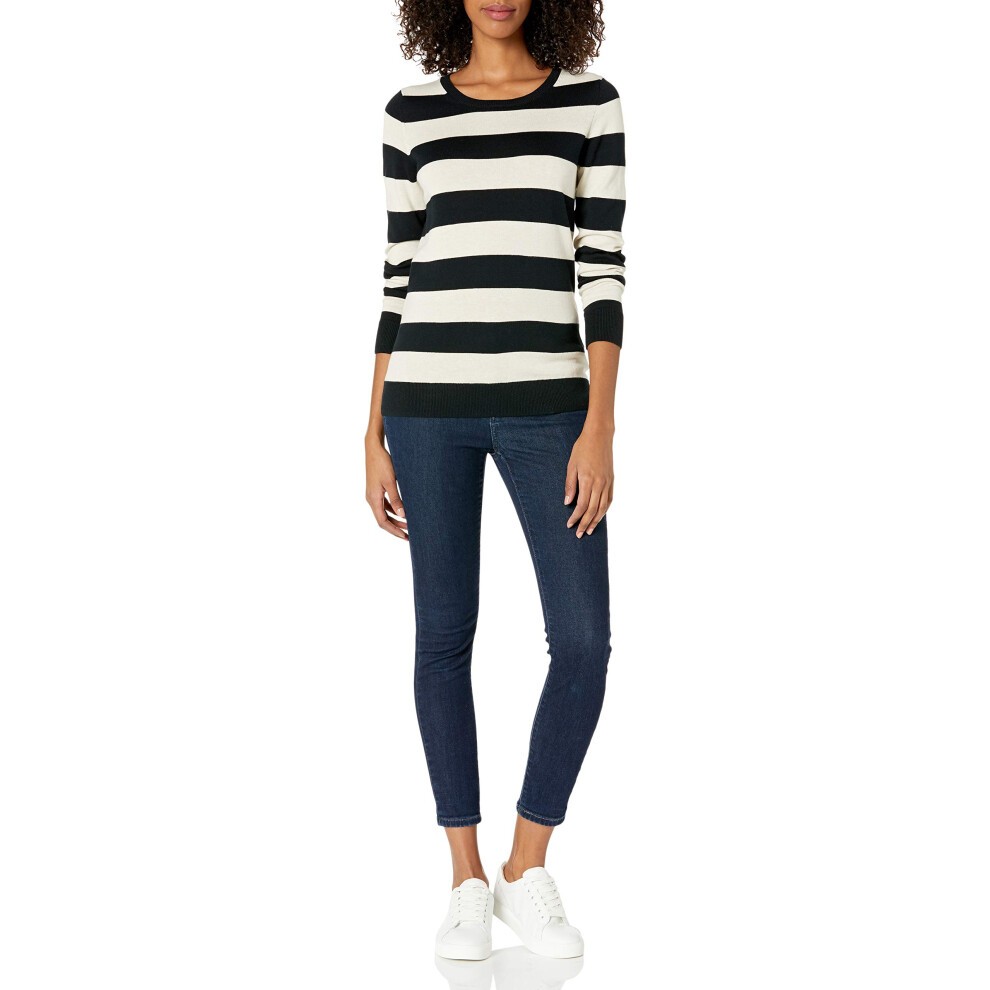 Amazon Essentials Women's Long-Sleeve Lightweight Crewneck Sweater Available in Plus Size  Black Oatmeal Heather Rugby Stripe  Medium thumbnail