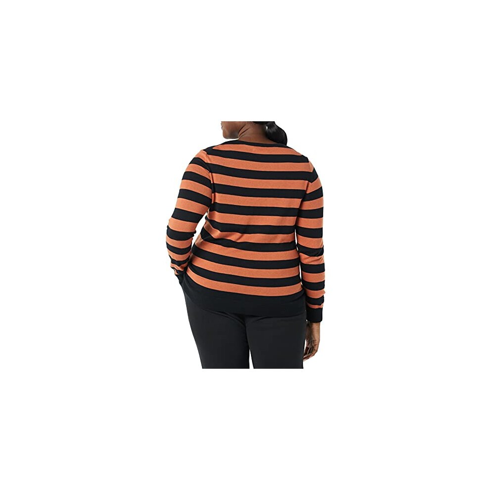 Amazon Essentials Women's Long-Sleeve Lightweight Crewneck Sweater Available in Plus Size  Black Caramel Rugby Stripe  X-Small thumbnail
