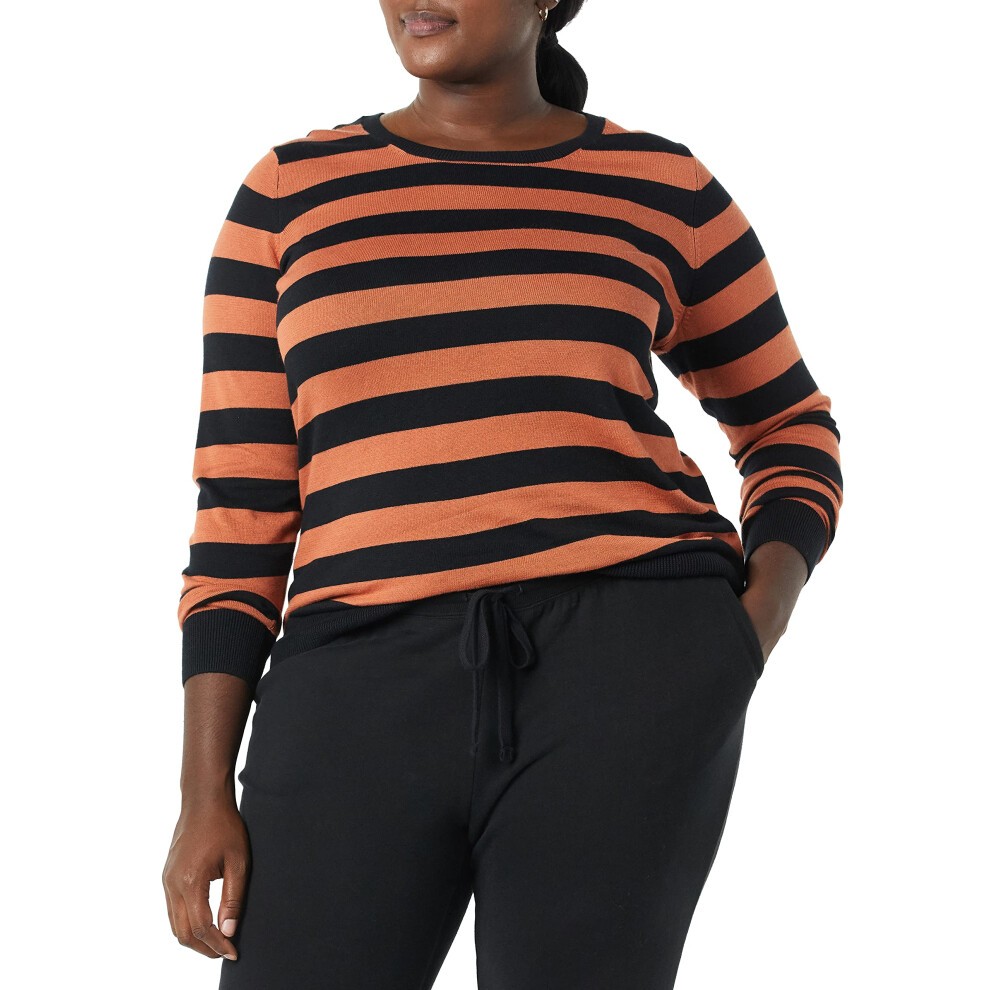 Amazon Essentials Women's Long-Sleeve Lightweight Crewneck Sweater Available in Plus Size  Black Caramel Rugby Stripe  XX-Large thumbnail