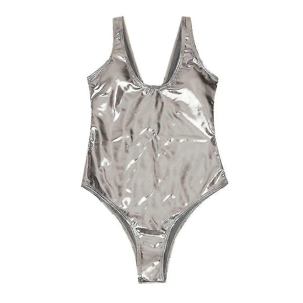 (XL, Silver) 9335# Ladies Reflective One-piece Split Sexy Swimsuit Gold Rash Guard for Women Cupshe thumbnail