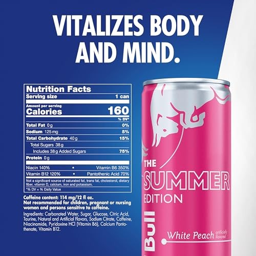 Red Bull Summer Edition Energy Drink, White Peach, 12 Fl. Oz., Case of 24 Cans, with 114mg Caffeine, Taurine & B Vitamins thumbnail