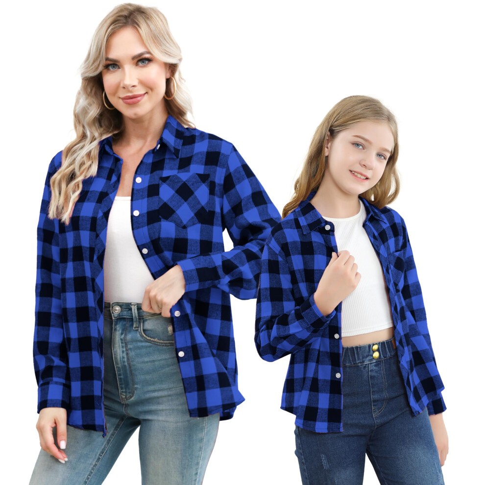 SANGTREE Girls Plaid Shirts Long Sleeve Button Down Flannel Shirts Buffalo Blue  9-10 Years = Tag 160