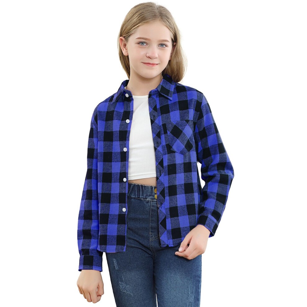 SANGTREE Girls Plaid Shirts Long Sleeve Button Down Flannel Shirts Buffalo Blue  9-10 Years = Tag 160 thumbnail