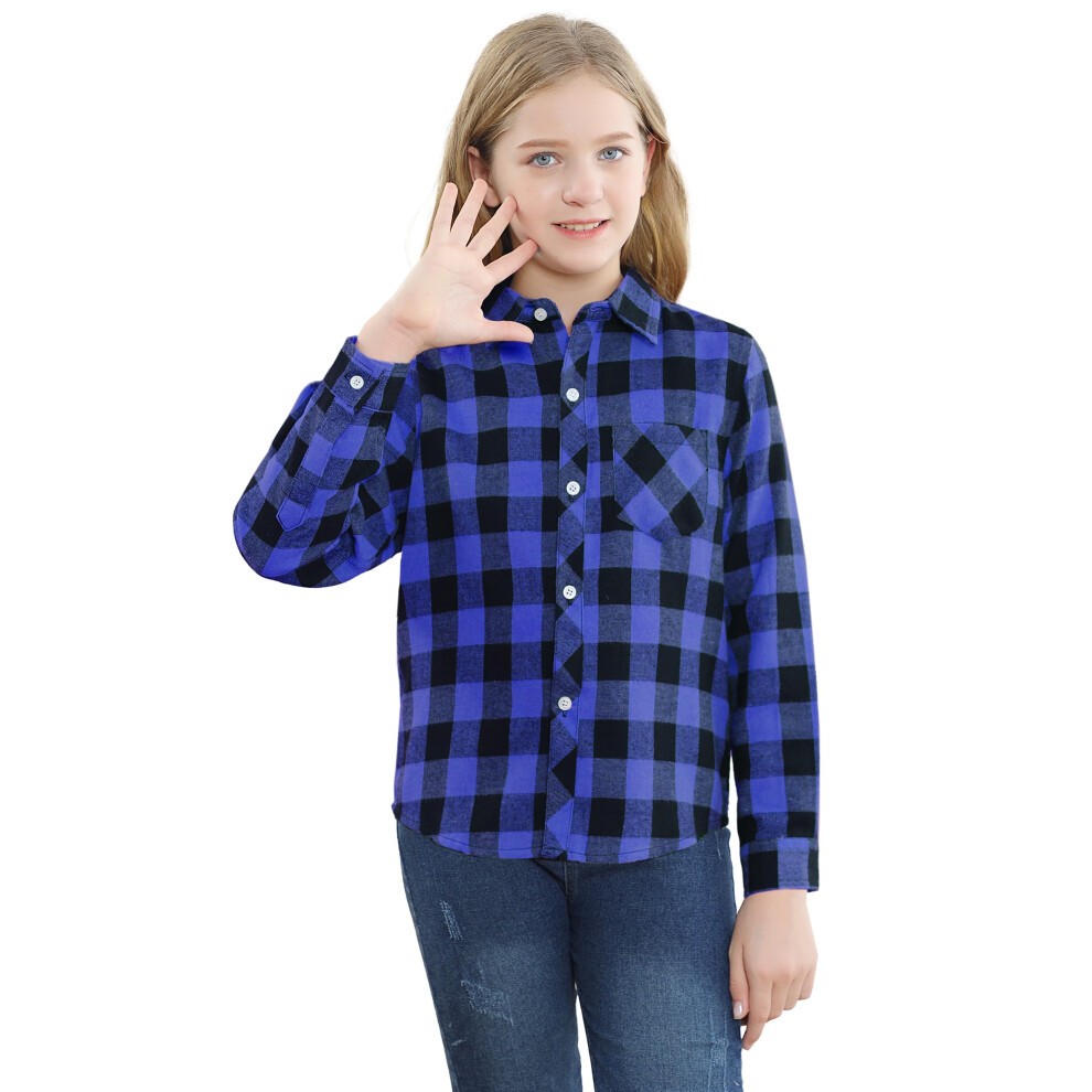 SANGTREE Girls Plaid Shirts Long Sleeve Button Down Flannel Shirts Buffalo Blue  9-10 Years = Tag 160 thumbnail