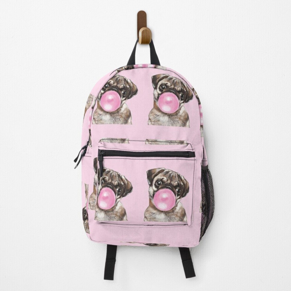 Backpack Pug Dog Art Pugs Puppy Funny Cute Dogs with Bubble Gum in Pink School Bag Travel 15