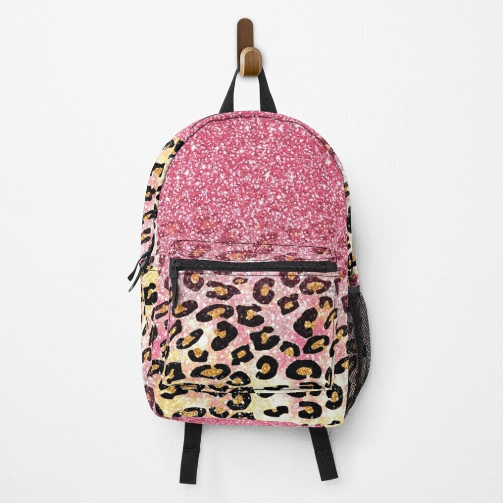 Backpack Bubble Gum Pink Faux Glitter Leopard Animal Print  School Bag Travel 15