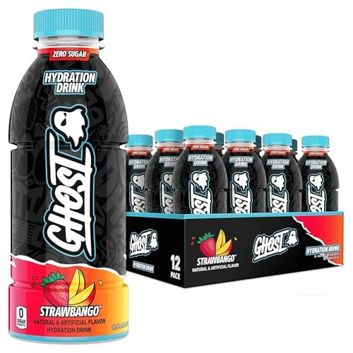 GHOST Hydration Drink, Strawbango - RTD Sports Drink with Electrolytes, Natural Vitamins & Minerals - All Day Lifestyle Hydration Beverage - Zero Caff