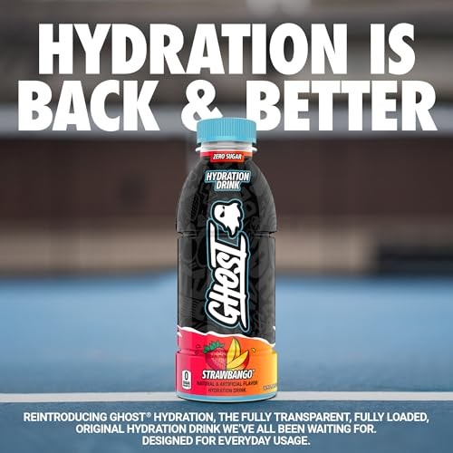 GHOST Hydration Drink, Strawbango - RTD Sports Drink with Electrolytes, Natural Vitamins & Minerals - All Day Lifestyle Hydration Beverage - Zero Caff thumbnail