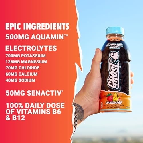 GHOST Hydration Drink, Strawbango - RTD Sports Drink with Electrolytes, Natural Vitamins & Minerals - All Day Lifestyle Hydration Beverage - Zero Caff thumbnail