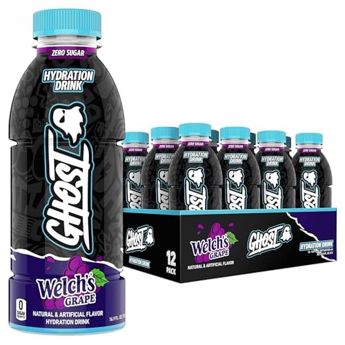 GHOST Hydration Drink, Welchs Grape - RTD Sports Drink with Electrolytes, Natural Vitamins & Minerals - All Day Lifestyle Hydration Beverage - Zero Ca