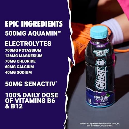 GHOST Hydration Drink, Welchs Grape - RTD Sports Drink with Electrolytes, Natural Vitamins & Minerals - All Day Lifestyle Hydration Beverage - Zero Ca thumbnail