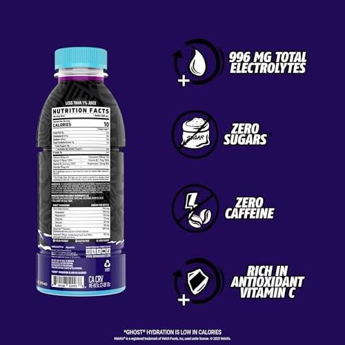 GHOST Hydration Drink, Welchs Grape - RTD Sports Drink with Electrolytes, Natural Vitamins & Minerals - All Day Lifestyle Hydration Beverage - Zero Ca thumbnail