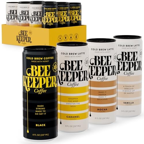 Beekeeper Coffee Cold Brew with Oregon Honey, Mixed Variety Pack, 8 Fl Oz Cans (Pack of 12), Ready-to-Drink Black, Caramel, Mocha & Vanilla Lattes