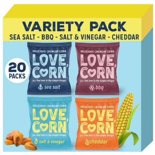 LOVE CORN Family Favorite - Sea Salt, BBQ, Salt & Vinegar, Cheddar 0.7oz X 20 - Delicious Crunchy Corn - Healthy Family Snacks - Gluten Free, NON-GMO 