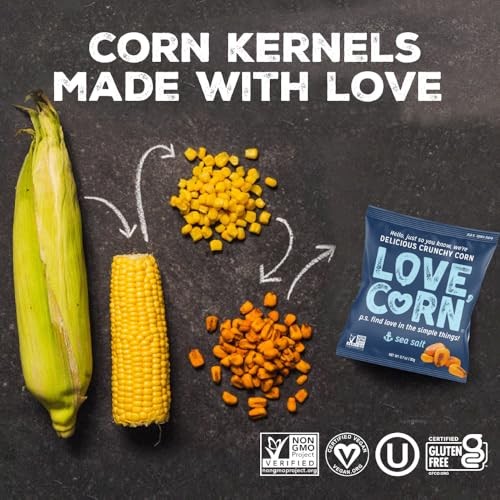 LOVE CORN Family Favorite - Sea Salt, BBQ, Salt & Vinegar, Cheddar 0.7oz X 20 - Delicious Crunchy Corn - Healthy Family Snacks - Gluten Free, NON-GMO  thumbnail
