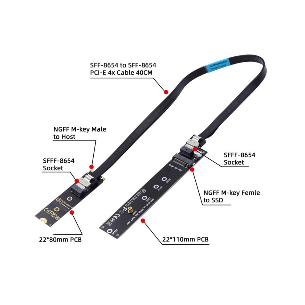 NGFF M.2 NVME M-Key SSD Male to Female Extension Cable 40cm with SFF-8654 Connector Adapter for Mainboard 2280/22110 thumbnail