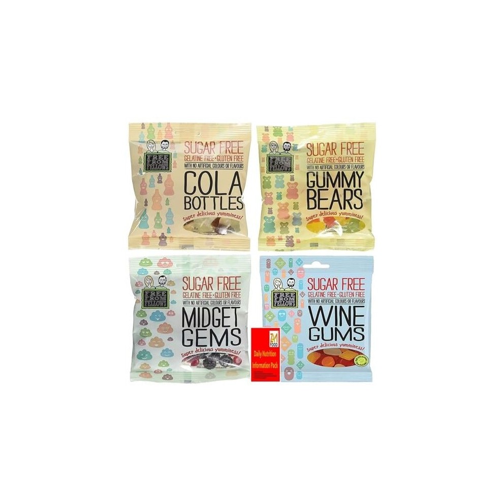 Sugar Free and Gluten Free Vegan Sweets! Free from Fellows 4 X 70g Cola Bottles, Gummy Bears, Wine Gums, and Midget Gems Value Pack Sugarless Yummy