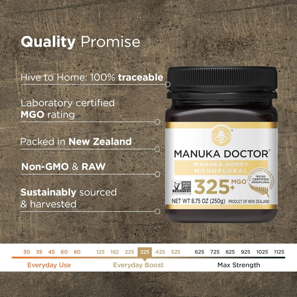 MANUKA DOCTOR - MGO 325+ Manuka Honey Monofloral 100% Pure New Zealand Honey Certified Guaranteed RAW Non-GMO 8.75 Oz thumbnail
