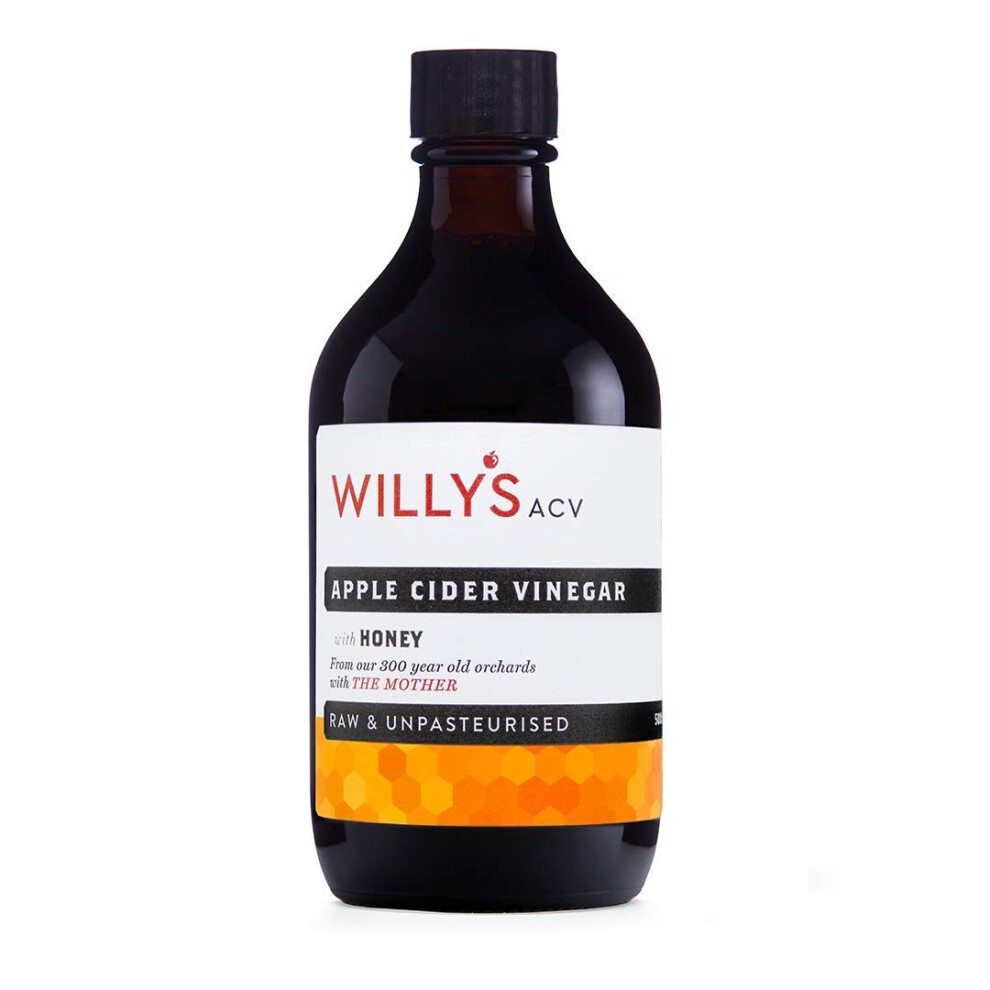 WILLY'S Organic Raw Apple Cider Vinegar with Real Live Mother & Honey - Probiotics for Detox & Gut Health - 500ml Refillable Glass Bottle -
