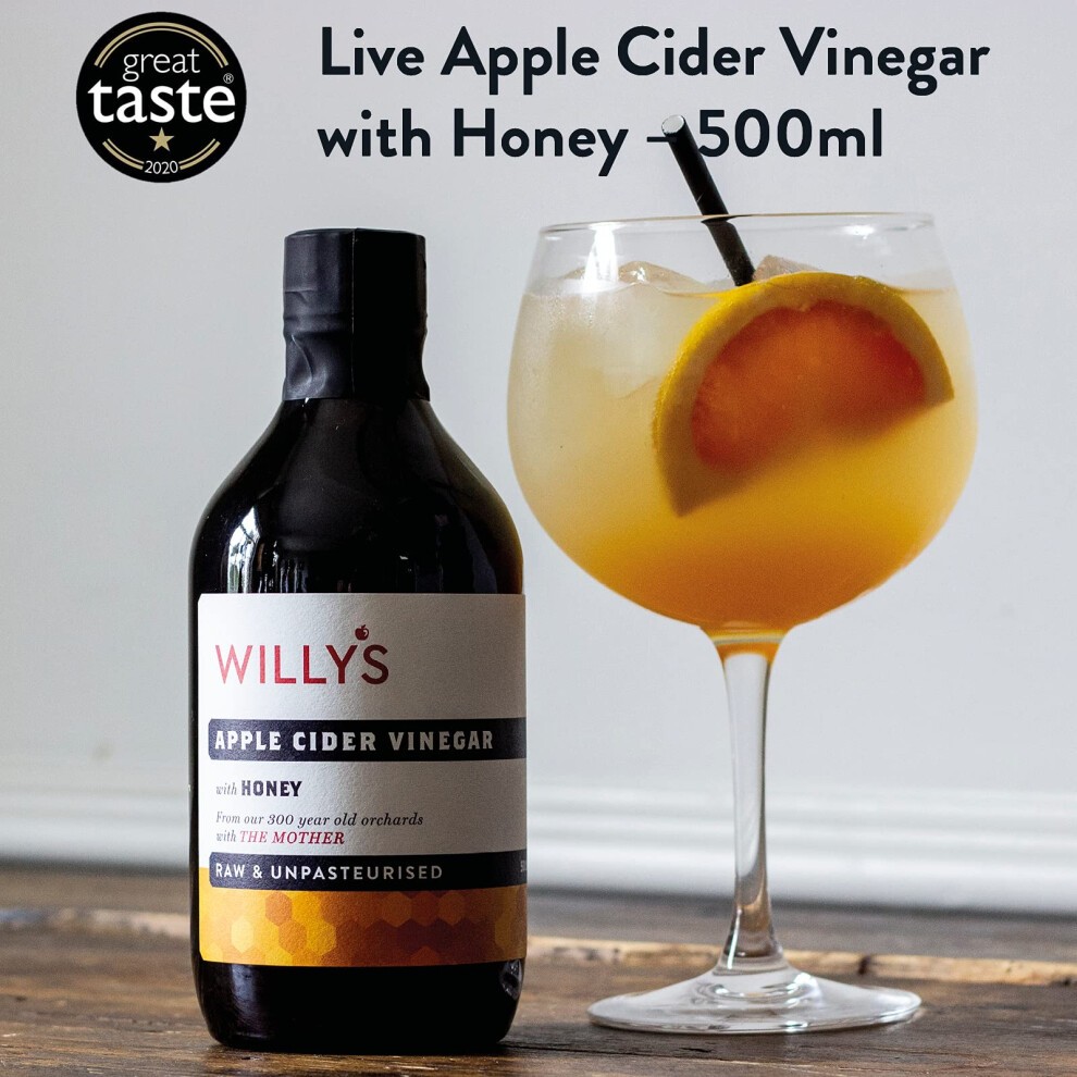 WILLY'S Organic Raw Apple Cider Vinegar with Real Live Mother & Honey - Probiotics for Detox & Gut Health - 500ml Refillable Glass Bottle - thumbnail