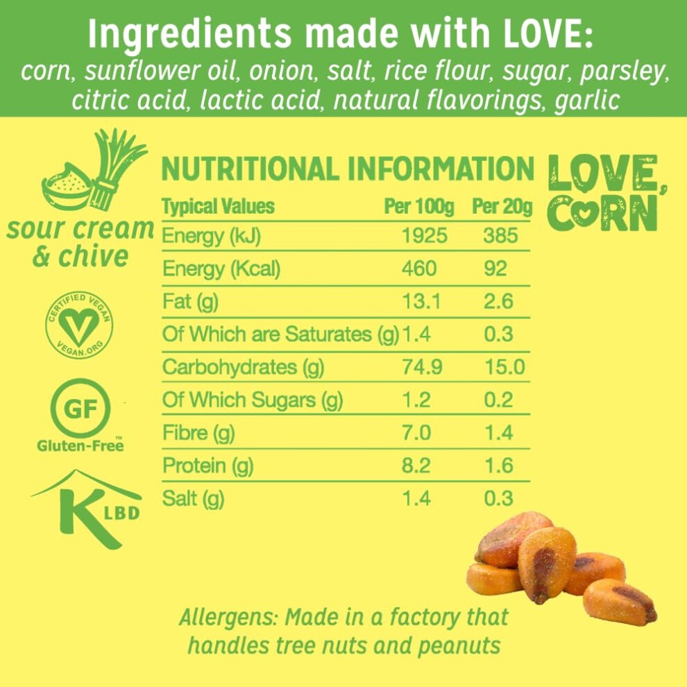 LOVE CORN Sour Cream & Chive Crunchy Corn Snack 20g X 24 Bags ? Healthy Snacks Ideal for Gluten Free & Vegan Diets ? Low Sugar Alternative for Crisps, thumbnail