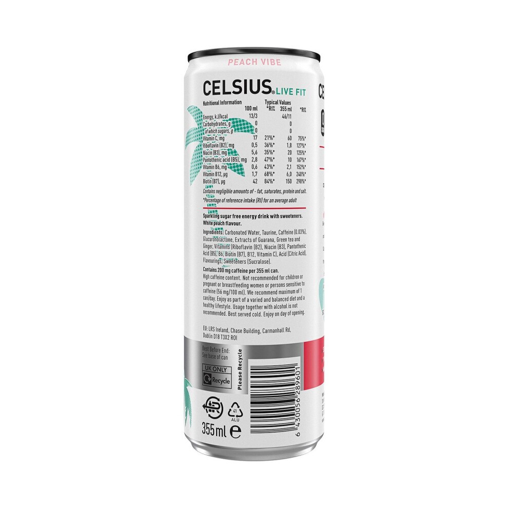 Celsius Sparkling Energy Drink Peach Vibe with Zero Sugar 355ml, 12 Pk thumbnail