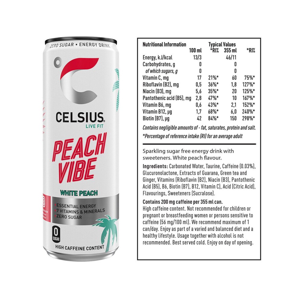 Celsius Sparkling Energy Drink Peach Vibe with Zero Sugar 355ml, 12 Pk thumbnail
