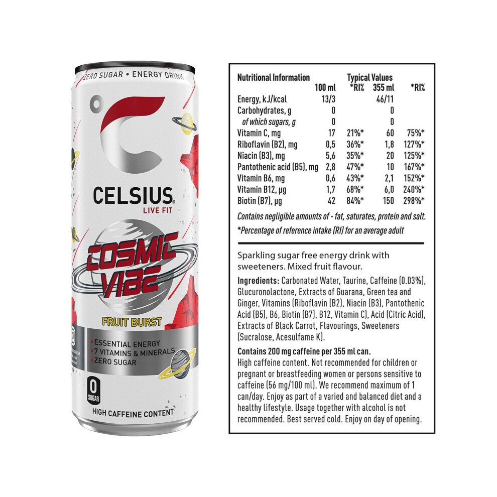 Celsius Sparkling Energy Drink Cosmic Vibe with Zero Sugar 355ml,12 Pk thumbnail