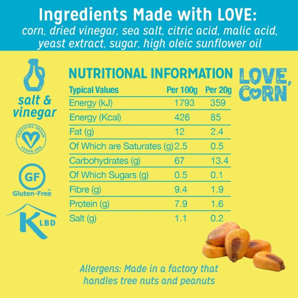 LOVE CORN Salt & Vinegar Crunchy Corn Snack 20g X 24 Bags Healthy Snacks Ideal for Gluten Free & Vegan Diets Low Sugar Alternative for Crisps Mixed thumbnail