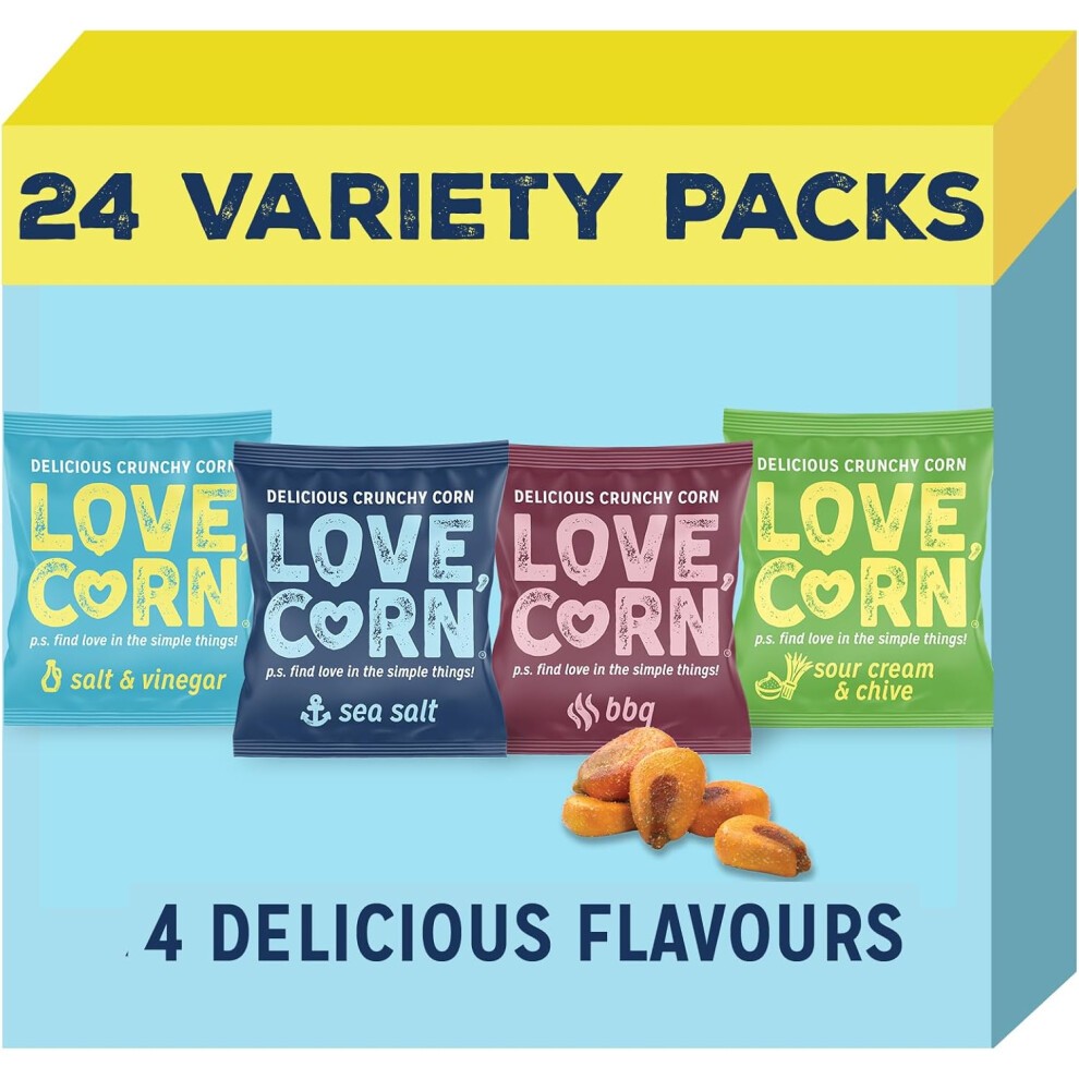LOVE CORN Variety Pack (6x Sea Salt, 6x BBQ, 6x Salt & Vinegar, 6x Sour Cream & Chive 20g) Healthy Snacks Ideal for Gluten Free & Vegan Diets