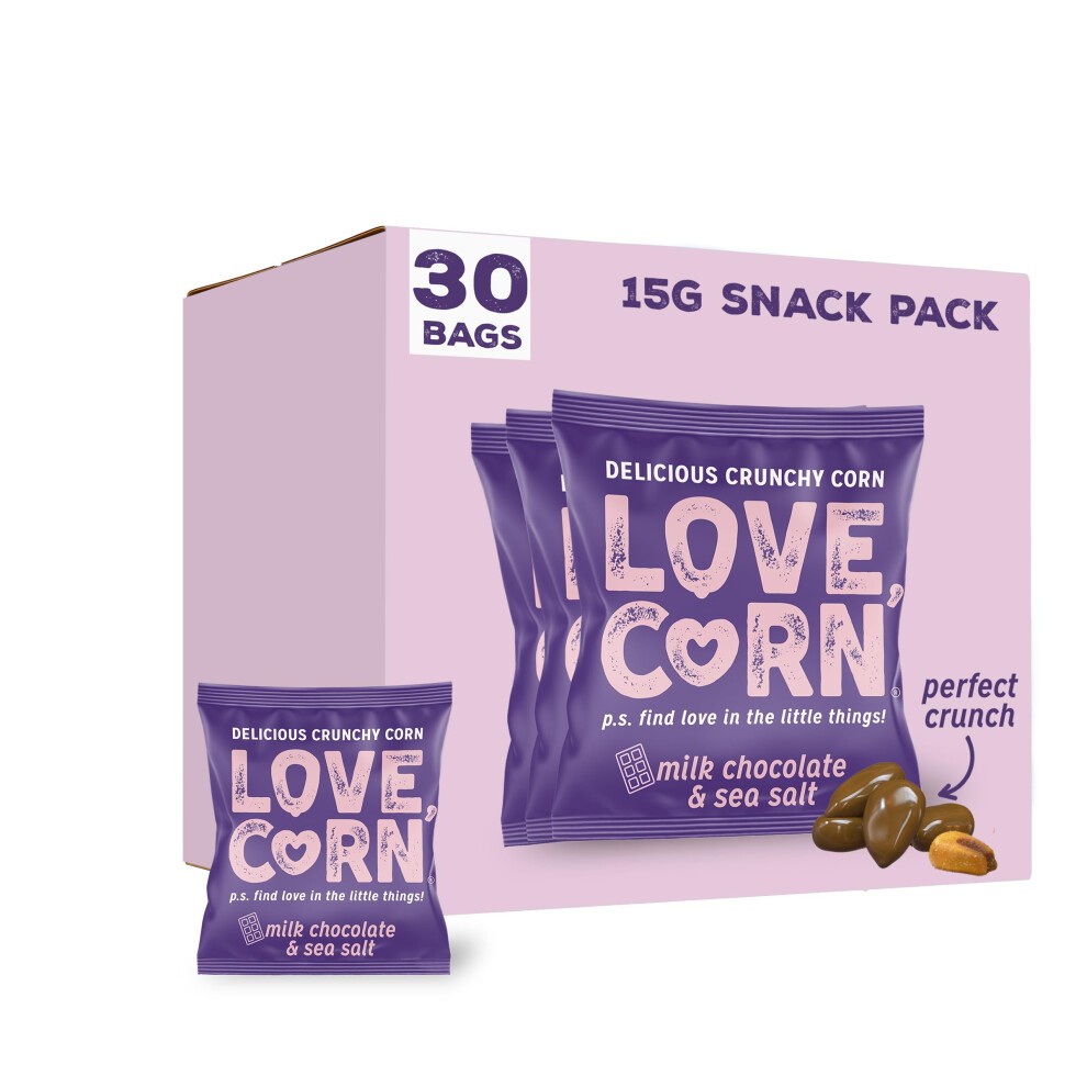 LOVE CORN Milk Chocolate & Sea Salt Crunchy Corn Snack 15g X 30 Bags ? Chocolate Multipack Snacks Ideal for Gluten Free Diets ? Chocolate Gift ?
