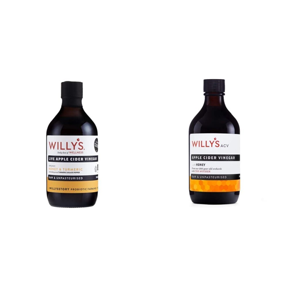 Willy's ACV Organic Live Probiotic Apple Cider Vinegar, Honey & Black Pepper (1 X 500ml), White & WILLY'S, Raw Apple Cider Vinegar with Real Live Moth
