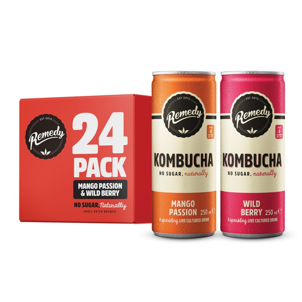Bundle of Remedy Kombucha Tea - Sparkling Live Cultured Soft Drink - Wild Berry & Mango Passion 24 X 250ml