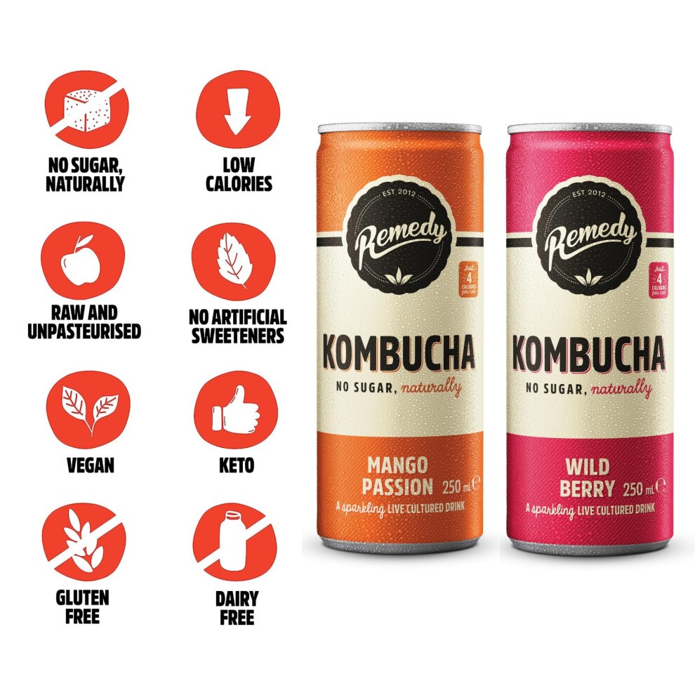 Bundle of Remedy Kombucha Tea - Sparkling Live Cultured Soft Drink - Wild Berry & Mango Passion 24 X 250ml thumbnail