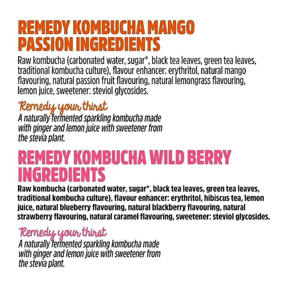 Bundle of Remedy Kombucha Tea - Sparkling Live Cultured Soft Drink - Wild Berry & Mango Passion 24 X 250ml thumbnail