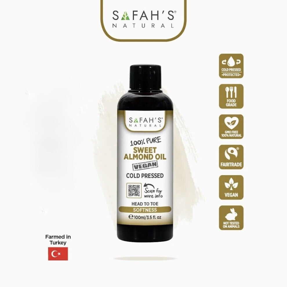 Safah's Natural COLD PRESSED 100% PURE VIRGIN SWEET ALMOND OIL 100ML