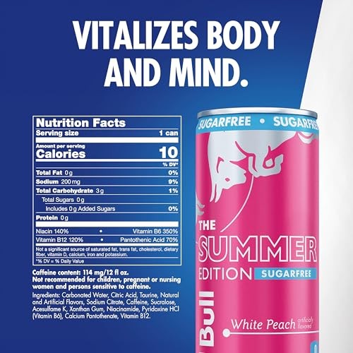 Red Bull Summer Edition Sugarfree Energy Drink, White Peach, 12 Fl. Oz., Case of 24 Cans, with 114mg Caffeine, Taurine & B Vitamins thumbnail