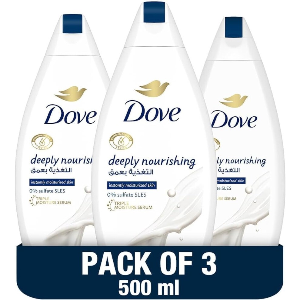 DOVE Deeply Nourishing Body Wash for Instantly Moisturized Skin 500ml Pack of 3 | No Sulfates & Parabens | Triple Moisture Serum Shower Gel