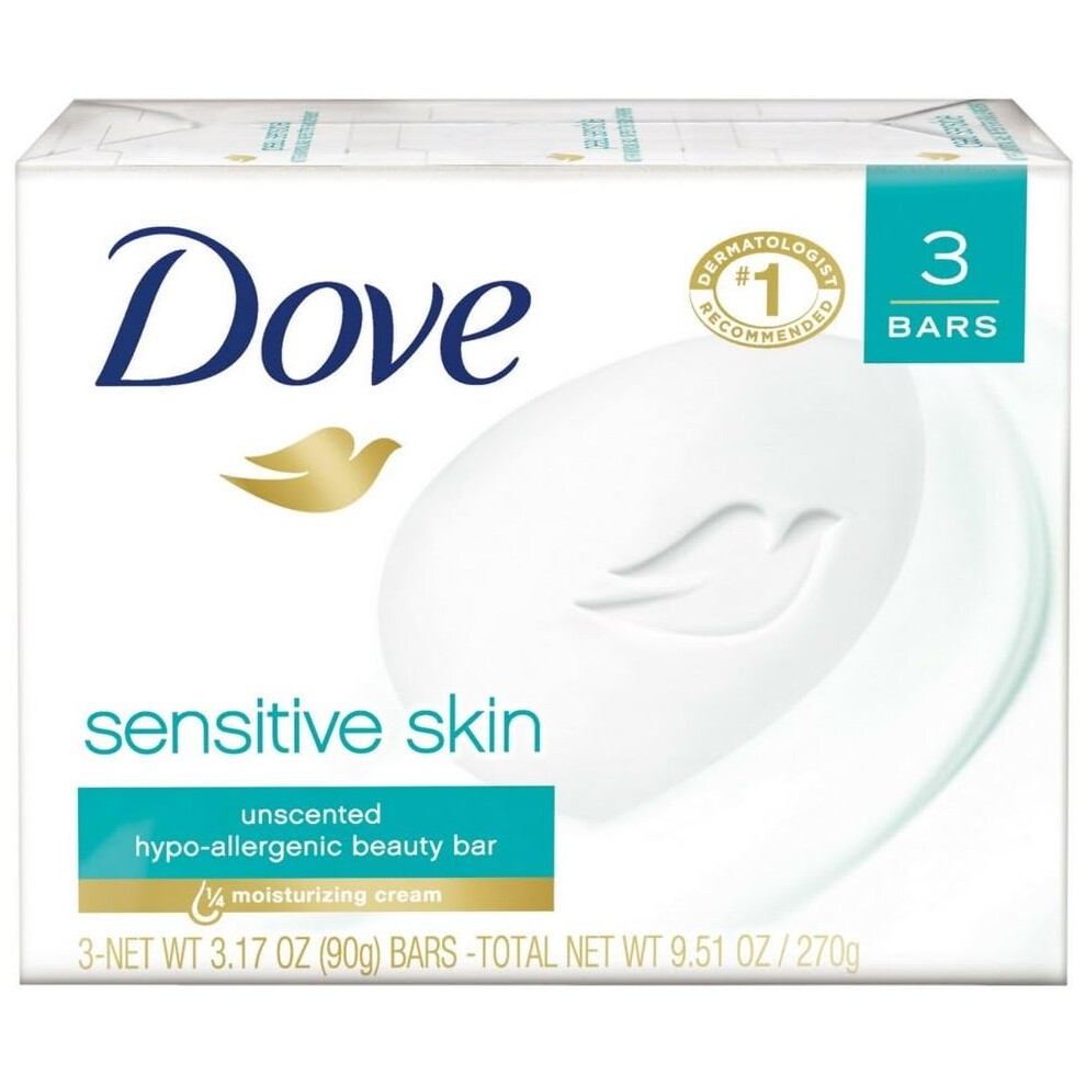 (PACK of 3) DOVE Sensitive Skin Unscent & Hypoallergenic Beauty Bar Soap 90g | Gentle Face Cleanser |Hand & Body Wash
