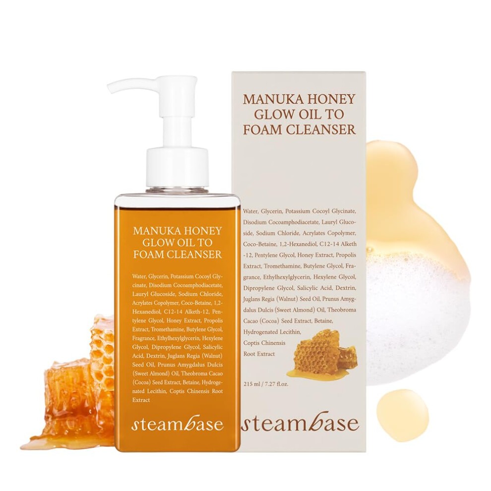 STEAMBASE Manuka Honey Glow Oil to Foam Cleanser | Daily Facial Cleanser for Sensitive Skin | Moisturizing  Foaming Face Wash for Normal to Dry Skin |