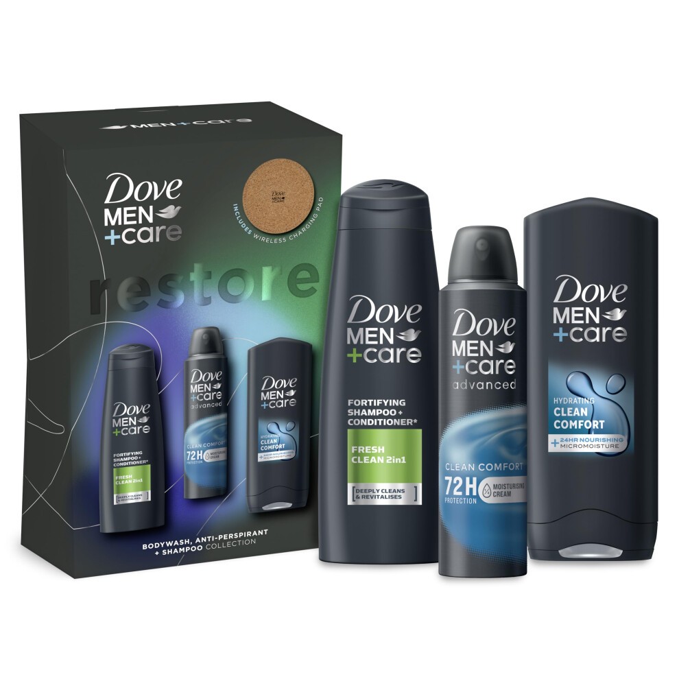 Dove Men+Care Restore Collection + Charging Pad Gift Set Body Wash, 2-in-1 Shampoo & Conditioner and Anti-perspirant Perfect Gifts for Him 3 Piece