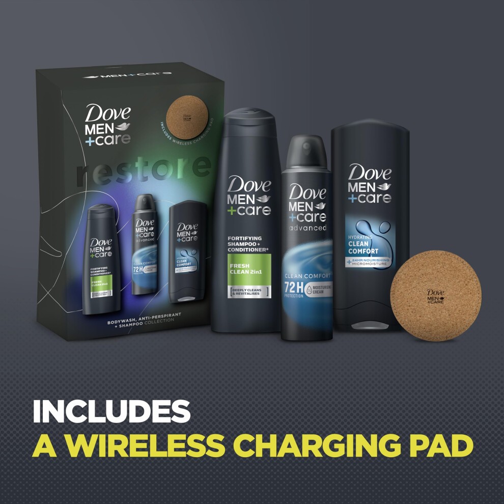 Dove Men+Care Restore Collection + Charging Pad Gift Set Body Wash, 2-in-1 Shampoo & Conditioner and Anti-perspirant Perfect Gifts for Him 3 Piece thumbnail