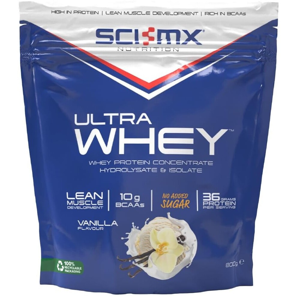 SCI-MX Ultra Whey Protein Muscle Building & Recovery Protein Powder with Naturally Occurring Glutamine & Amino Acids Vanilla Flavour 800G 18 SERVINGS