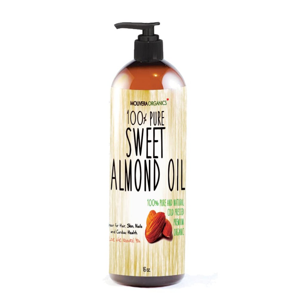 Molivera Organics Sweet Almond Oil 16 Fl Oz. 100% Pure and Natural  Cold Pressed Moisturizer for Skin and Hair