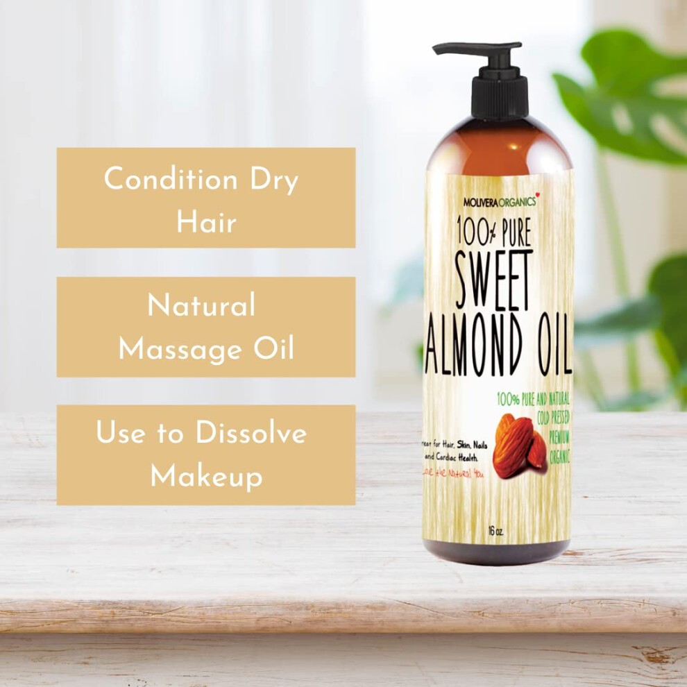 Molivera Organics Sweet Almond Oil 16 Fl Oz. 100% Pure and Natural  Cold Pressed Moisturizer for Skin and Hair thumbnail