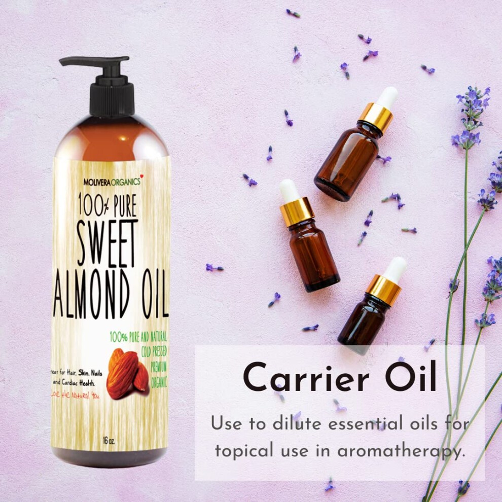Molivera Organics Sweet Almond Oil 16 Fl Oz. 100% Pure and Natural  Cold Pressed Moisturizer for Skin and Hair thumbnail