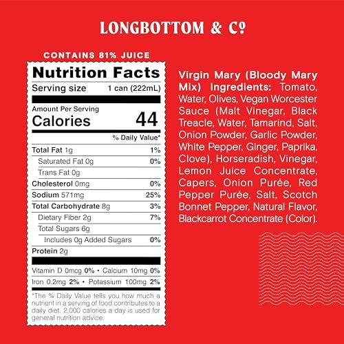 Longbottom & Co. Virgin Bloody Mary Mix/Tomato Juice | Premium Made with Fresh Pressed Tomatoes | Low in Sodium | 7.5 Fl Oz (24 Pack) thumbnail